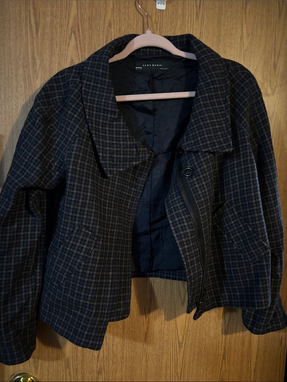 Zara Black and Brown Checked Cropped Blazer Jacket